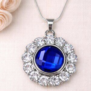 Silver Rhinestone Round Snap Necklace Sapphire Blue Faceted Snap